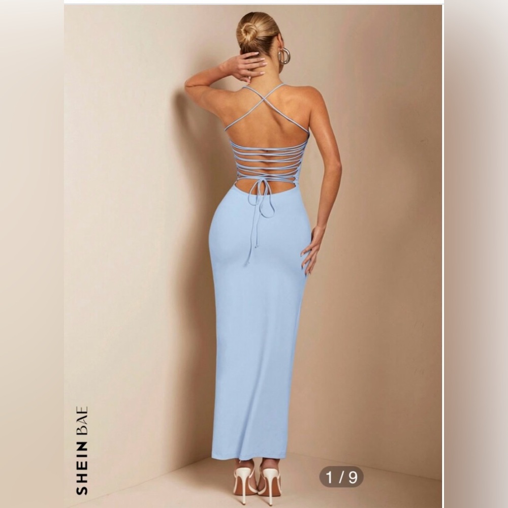 SHEIN Light Blue Bodycon Halter Neck
Spaghetti Strap Tie Low Back Shiny Dress M - Picture 4 of 16